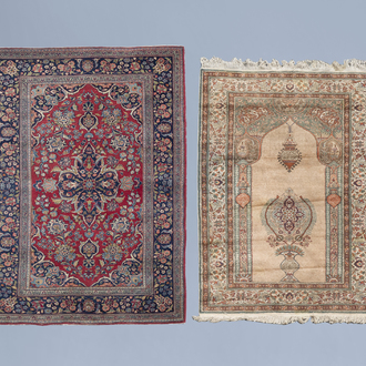 A Persian Mashad rug and a Turkish Kayseri rug with floral design, wool and wool and silk on cotton, 20th C.